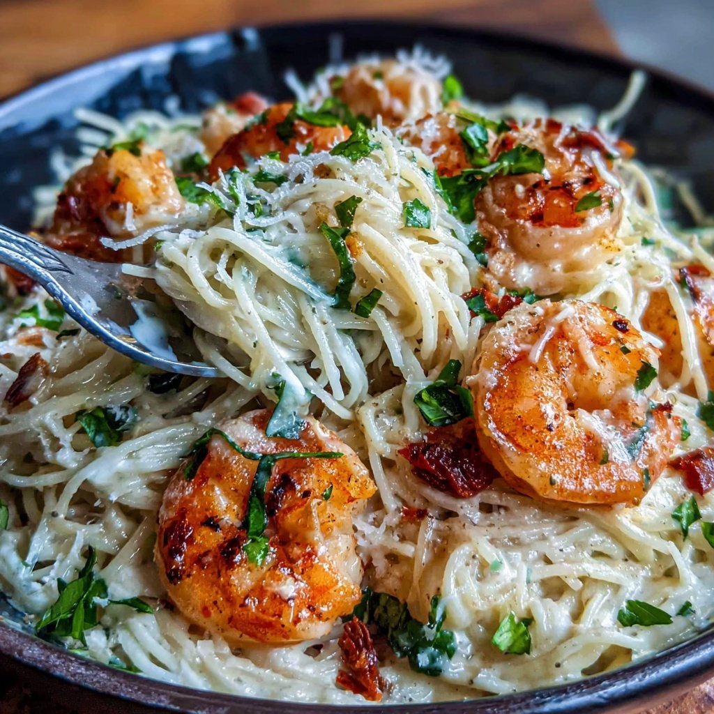 Angel Hair Pasta With Garlic Cream Shrimp